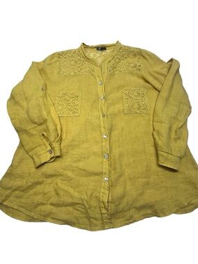 M Made in Italy Yellow Lace Linen Button-Front Tunic Womens XL